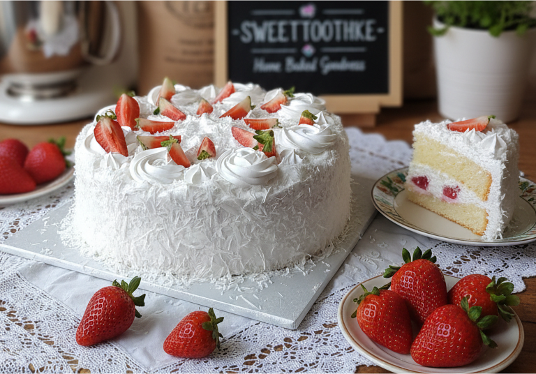 1kg White Forest, Vanilla cake, Chantilly Cream, fresh strawberries and White Chocolate Shavings